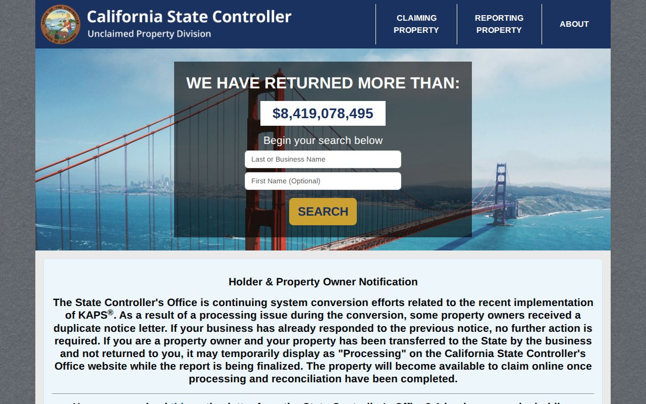 Santa Barbara resident lookup through the California unclaimed property search